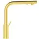 Küchenarmatur in glänzendem Goldfinish von Ideal Standard. Langer Auslauf mit seitlichem Hebel zur Wasserausgabe und integriertem Seifenspender.